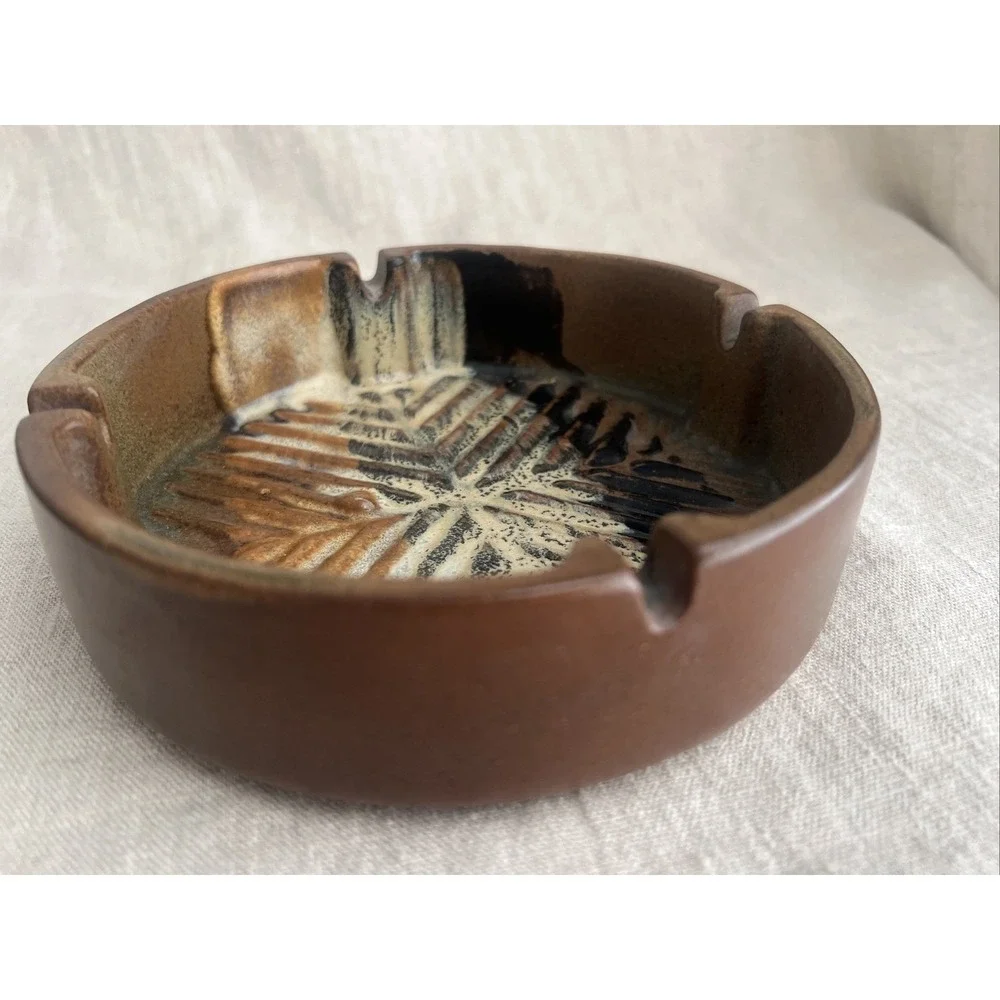 Pottery Craft Ashtray 7.5in Unisex MCM Stoneware #400 Brown USA Vintage Catchall